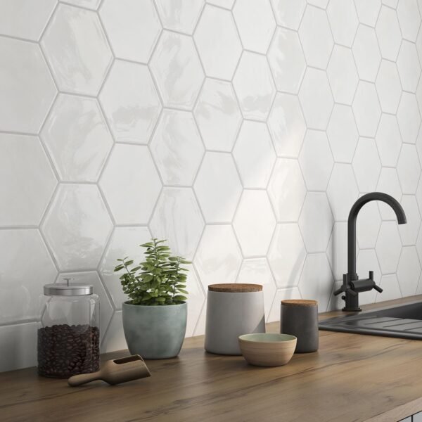 Glazed White Hexagon Wall Tiles 6x6 inch